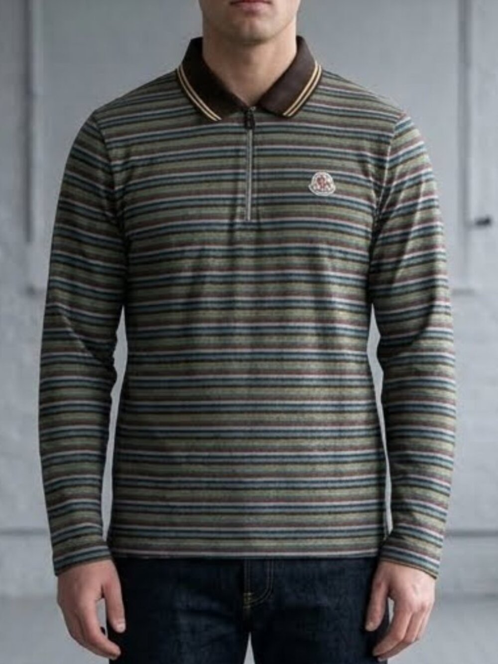 Moncler Striped Quarter Zip Polo Shirt Long Sleeve Slim Fit Men's Medium